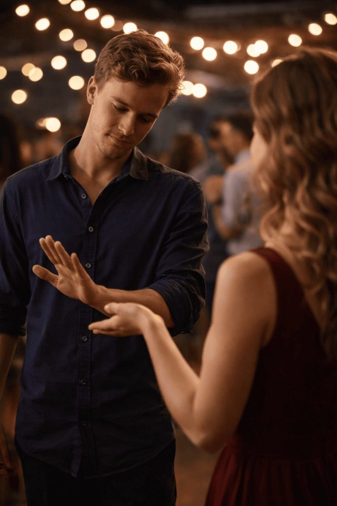 Un homme refuse doucement une invitation á danser faite par une femme lors d’une soirée de danse sociale éclairée par des guirlandes lumineuses.