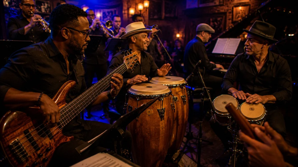 Congas, clave, piano et bongos autour de la basse en orchestre salsa