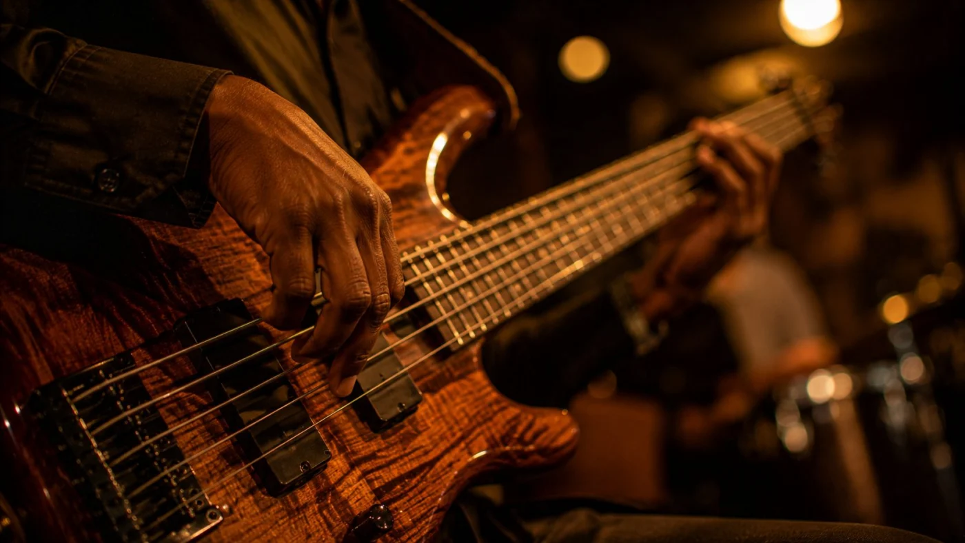 Mains au doigt sur les cordes de basse, jeu syncopé