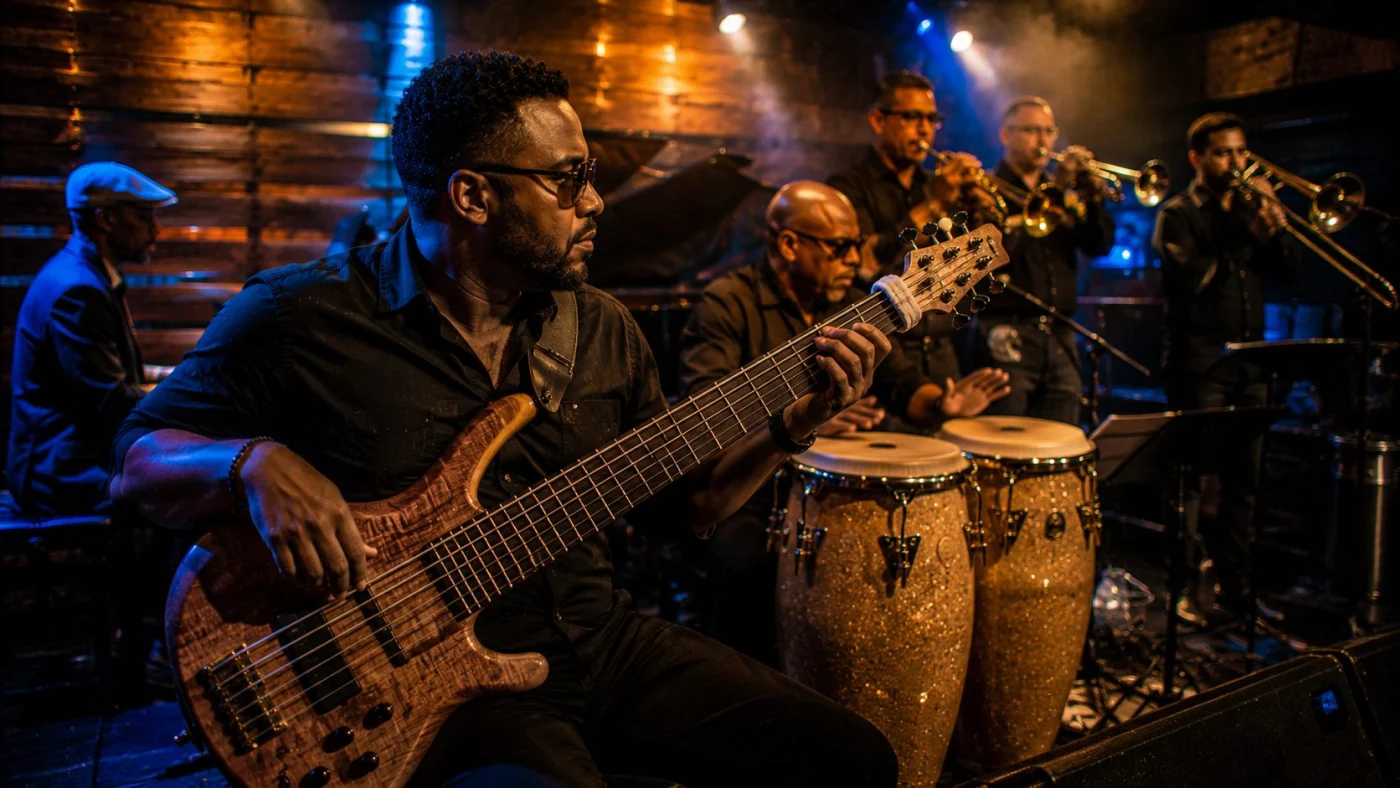 Bassiste dans la section rythmique salsa, dialogue avec conga