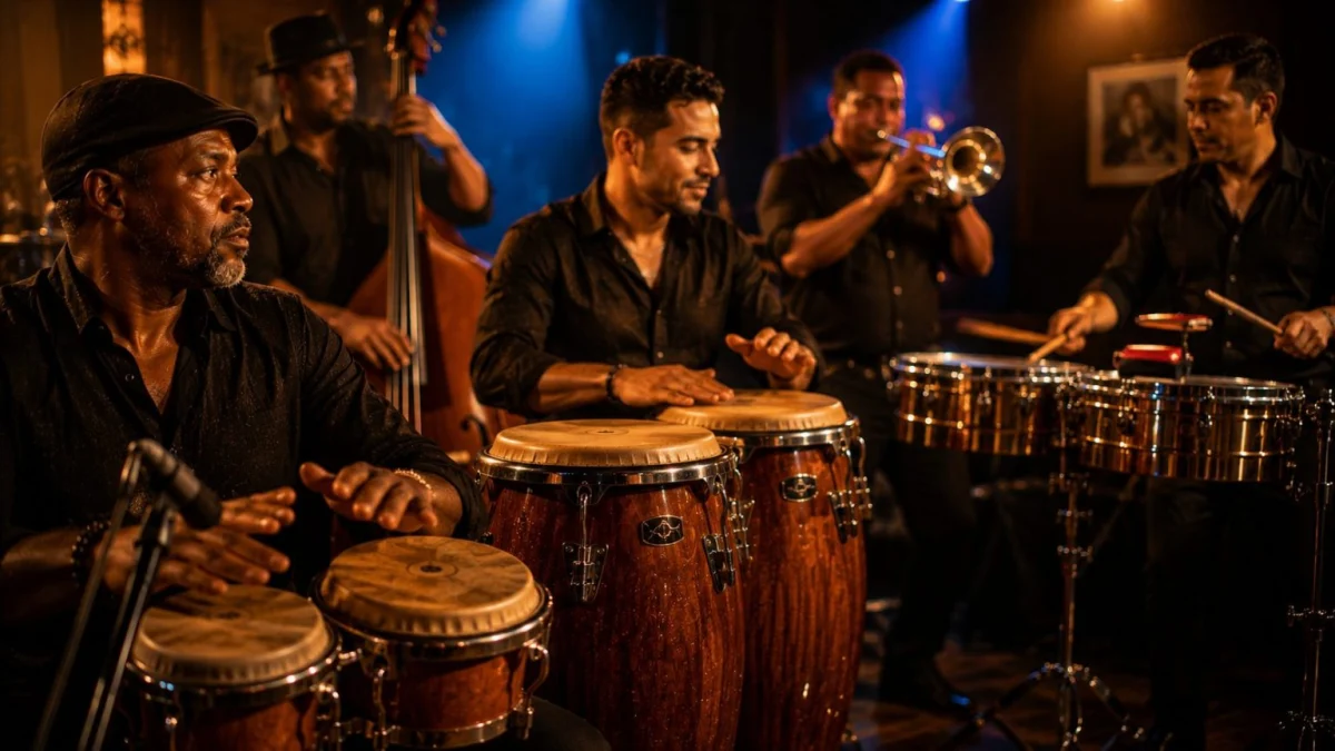 Bongos, congas, timbales, campana et clave dans un club latino