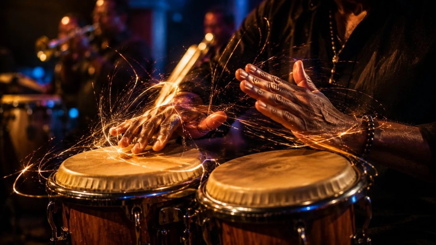 Peaux tendues des bongos, attaques ouvertes et slap