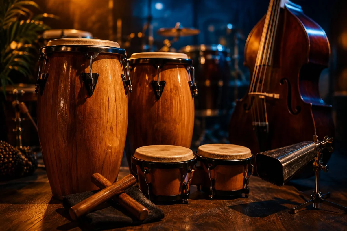 Ensemble d'instruments de salsa liés à la clave : congas, campana, basse