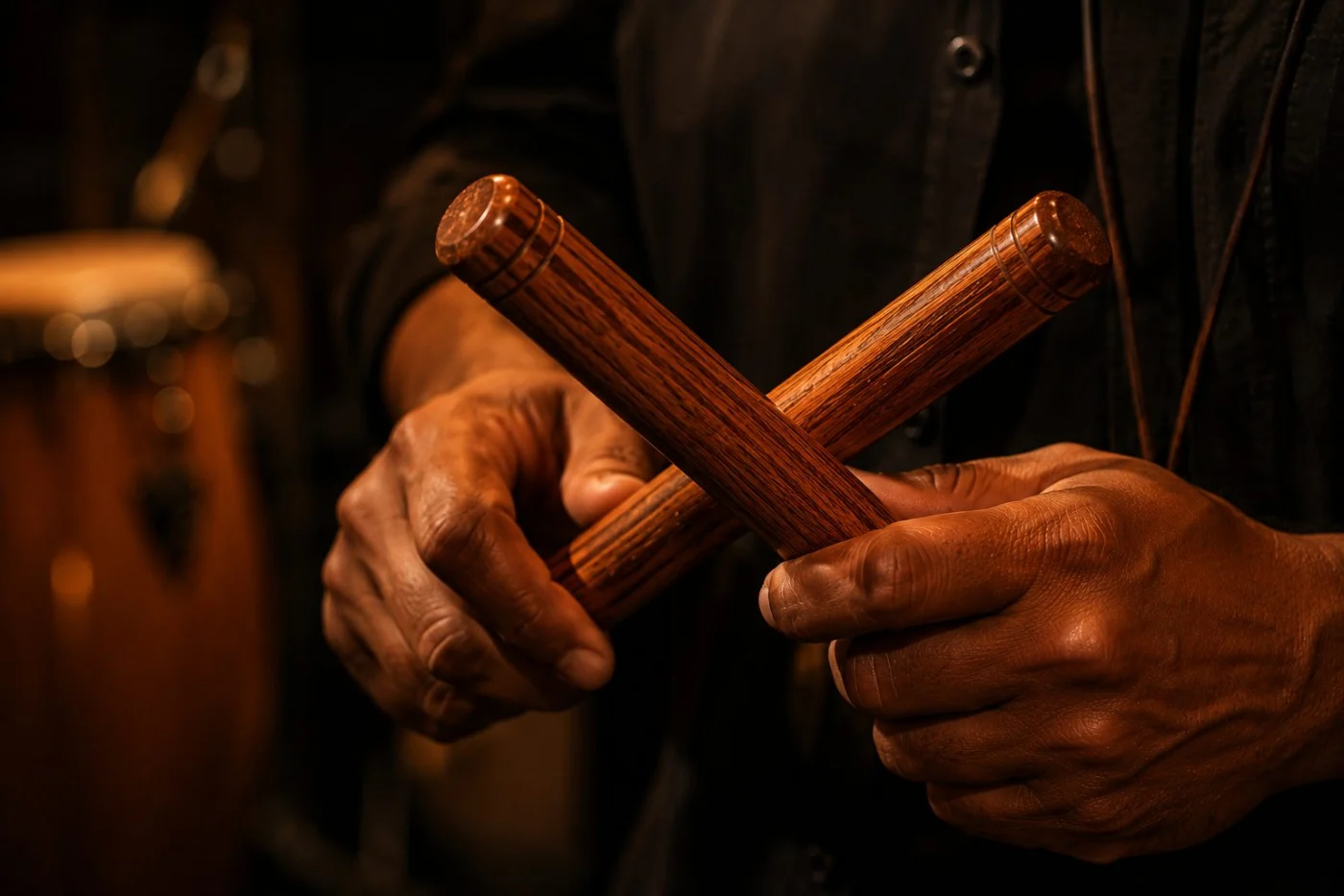 Mains de percussionniste jouant la clave en salsa