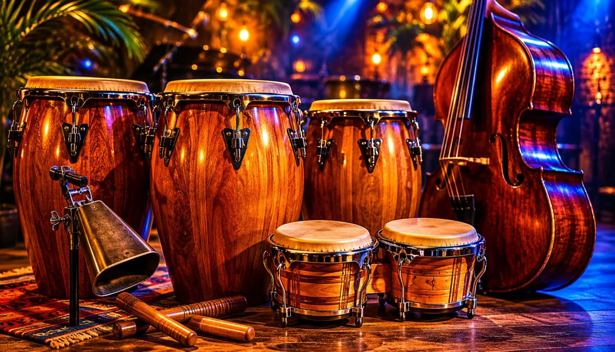 Congas, bongos, campana, claves et contrebasse dans un club latino