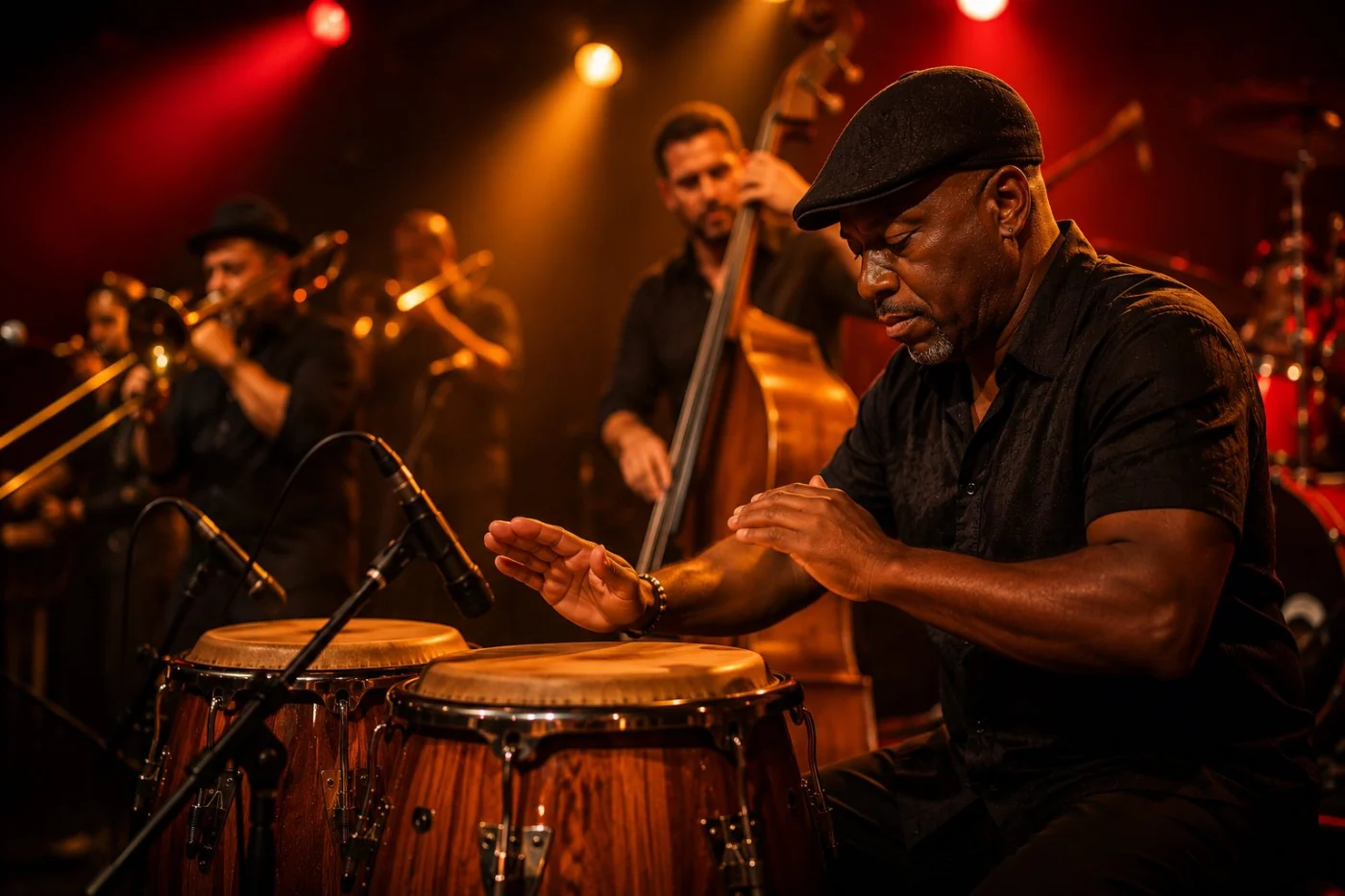 Percussionniste jouant les congas dans un orchestre salsa