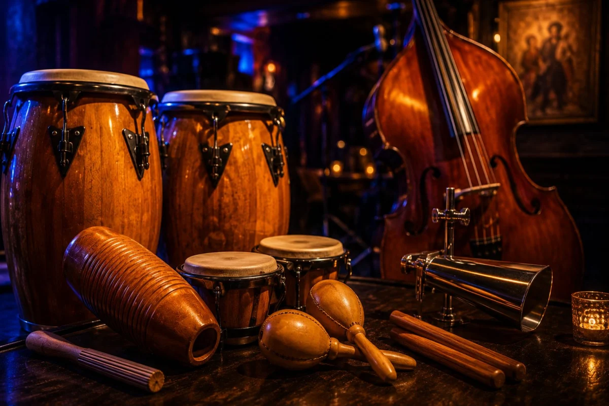 Güiro, maracas, congas et clave dans un club latino chaleureux