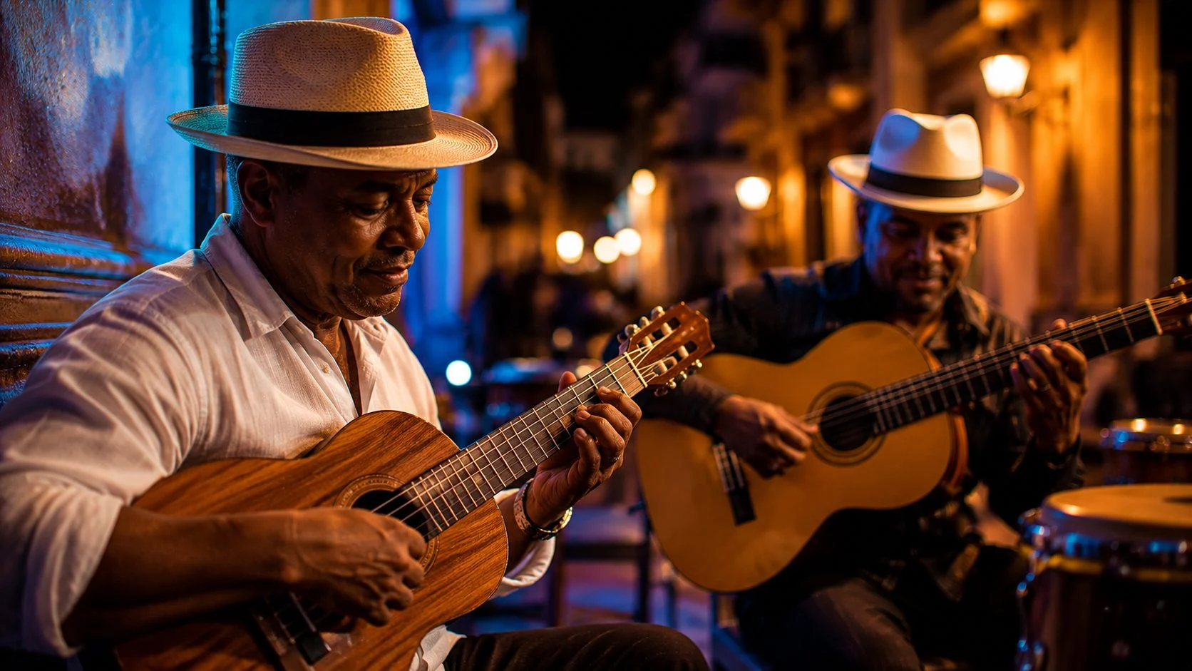 Guitariste et trés cubain en salsa, cordes pincées en lumière chaude