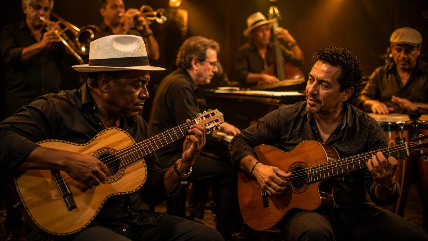 Guitariste dans l’orchestre salsa, dialogue avec piano et basse