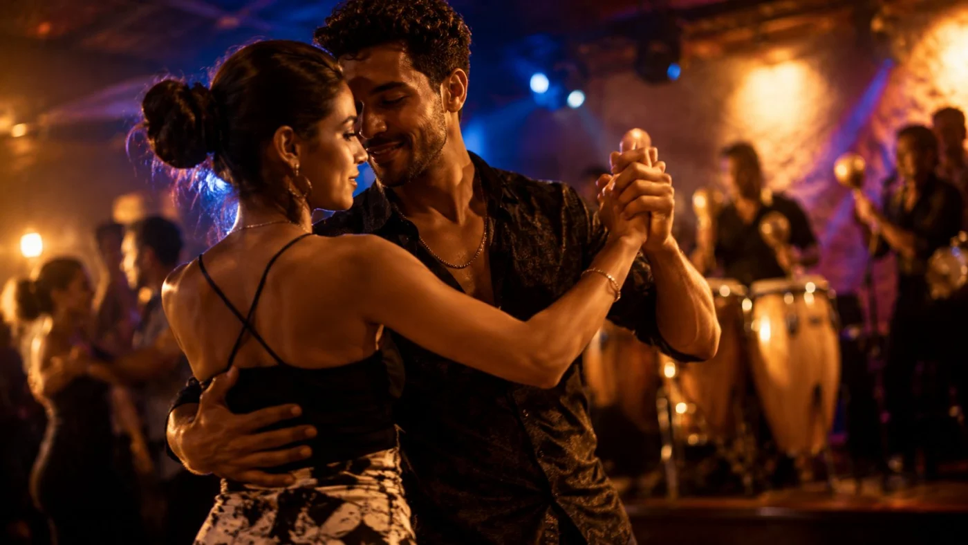 Couple dansant la salsa guidé par le souffle des maracas