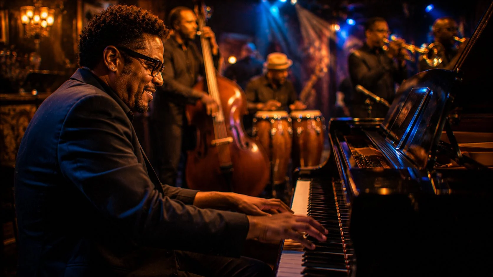 Pianiste salsa en montuno, mains sur le clavier en lumière chaude