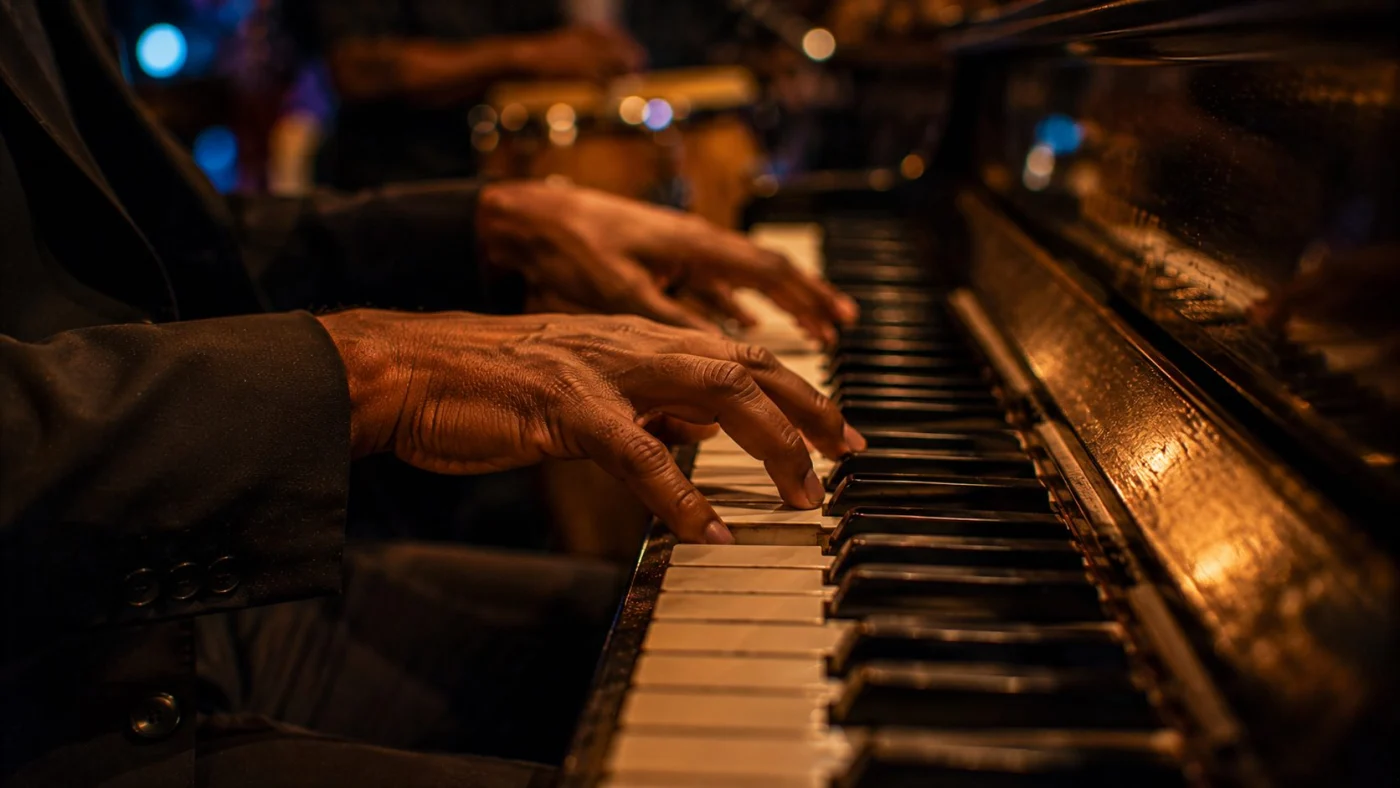 Mains de pianiste sur le clavier, montuno syncopé
