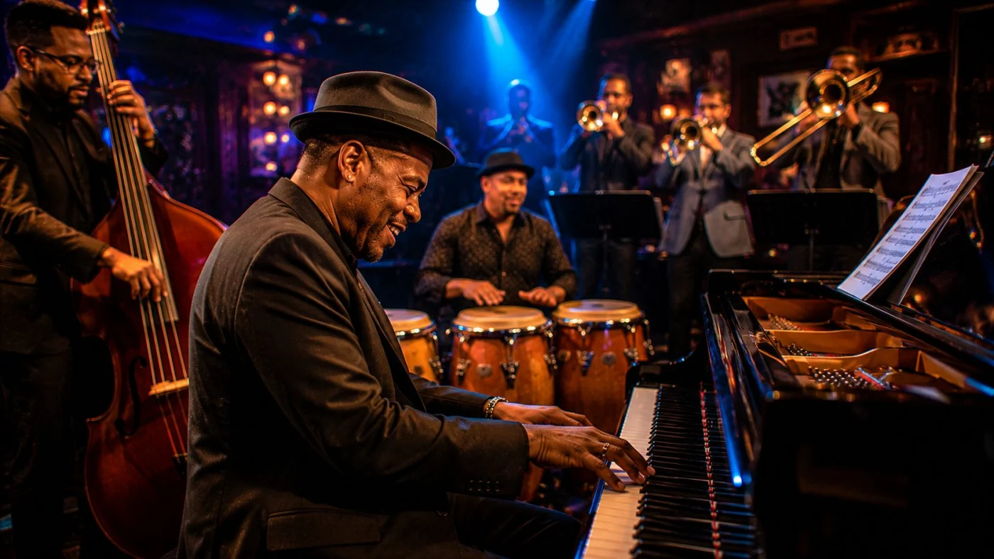 Pianiste dans l’orchestre salsa, dialogue avec basse et cuivres