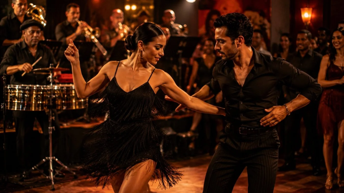 Danseurs de salsa guidés par les montées des timbales
