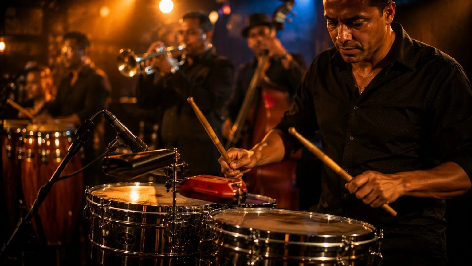 Timbales cubaines sur scène salsa, métal et cascara