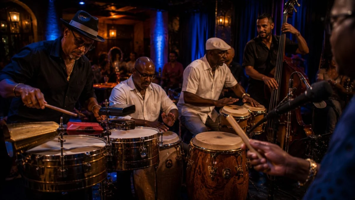 Timbales, campana, bongos, congas et clave dans un club latino