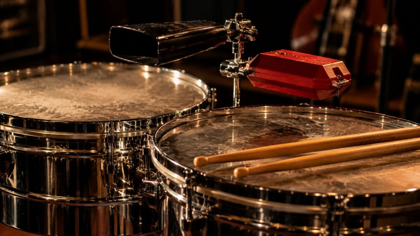 Fûts métalliques des timbales, peaux et timbre tranchant